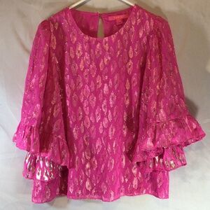 Lilly Pulitzer Pink Silk Metallic Ruffle Sleeve Blouse Resort Glam Statement